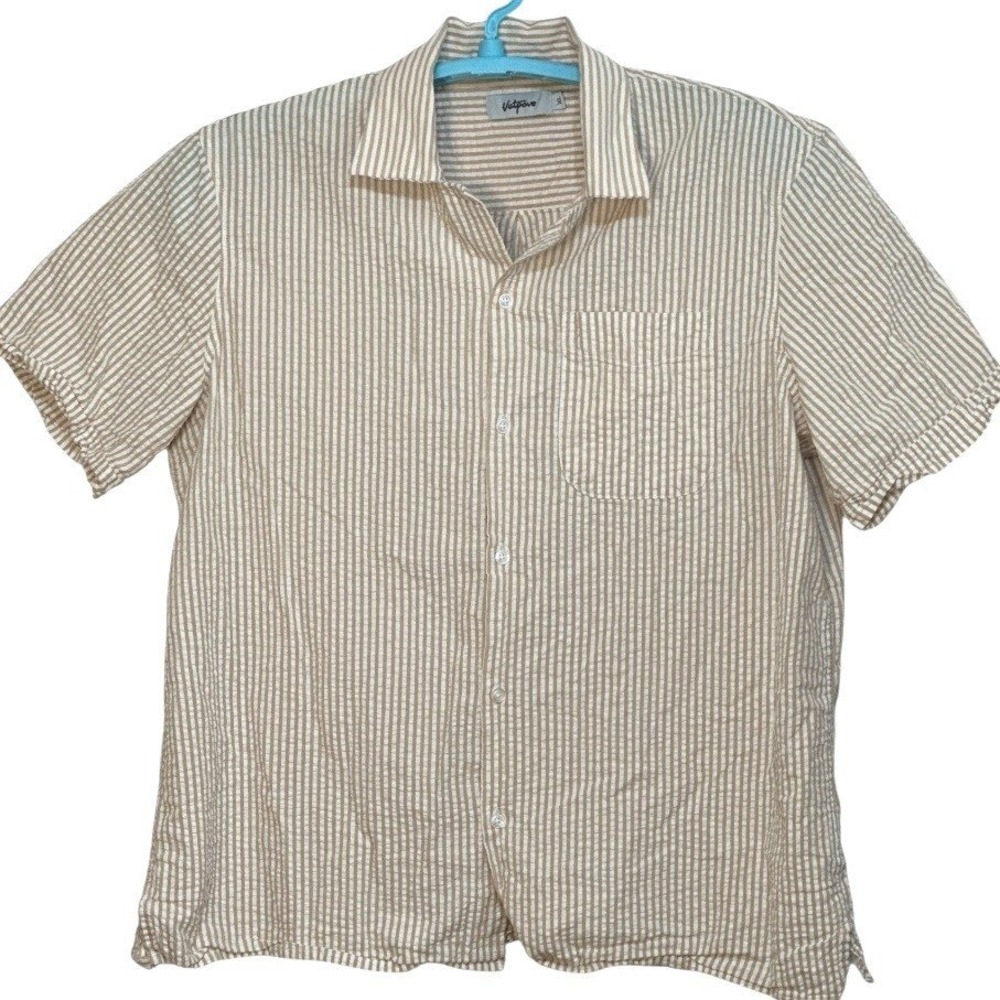 Vatpave Mens Seersucker Shirt Short Sleeve Beige Stripe‎ Resort Wear Vacation L